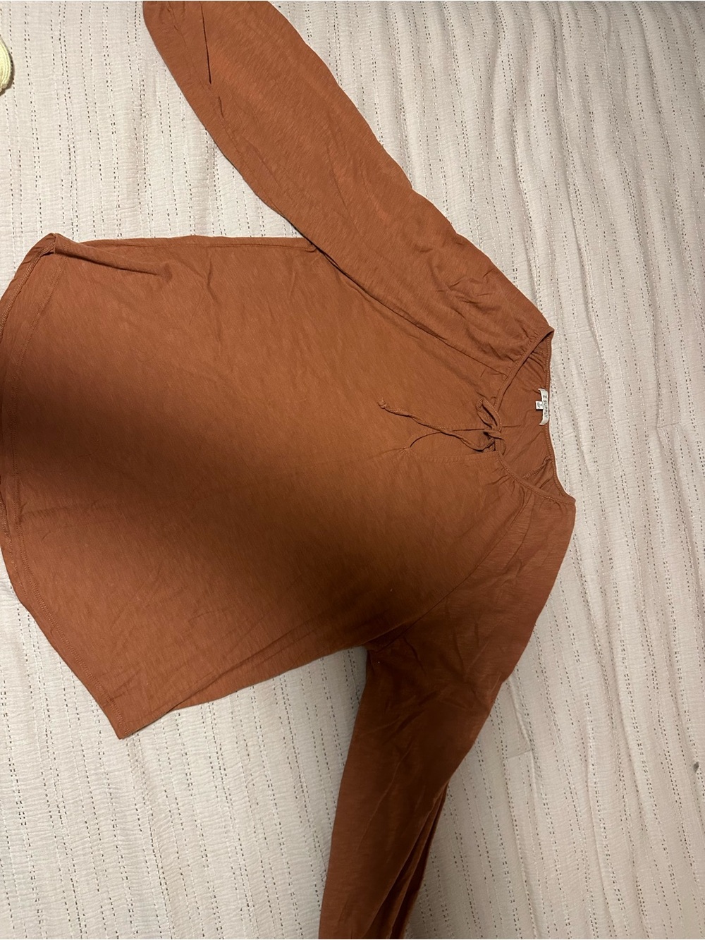 Z Supply Long-Sleeve Tie-Neck Top in Rust Brown
